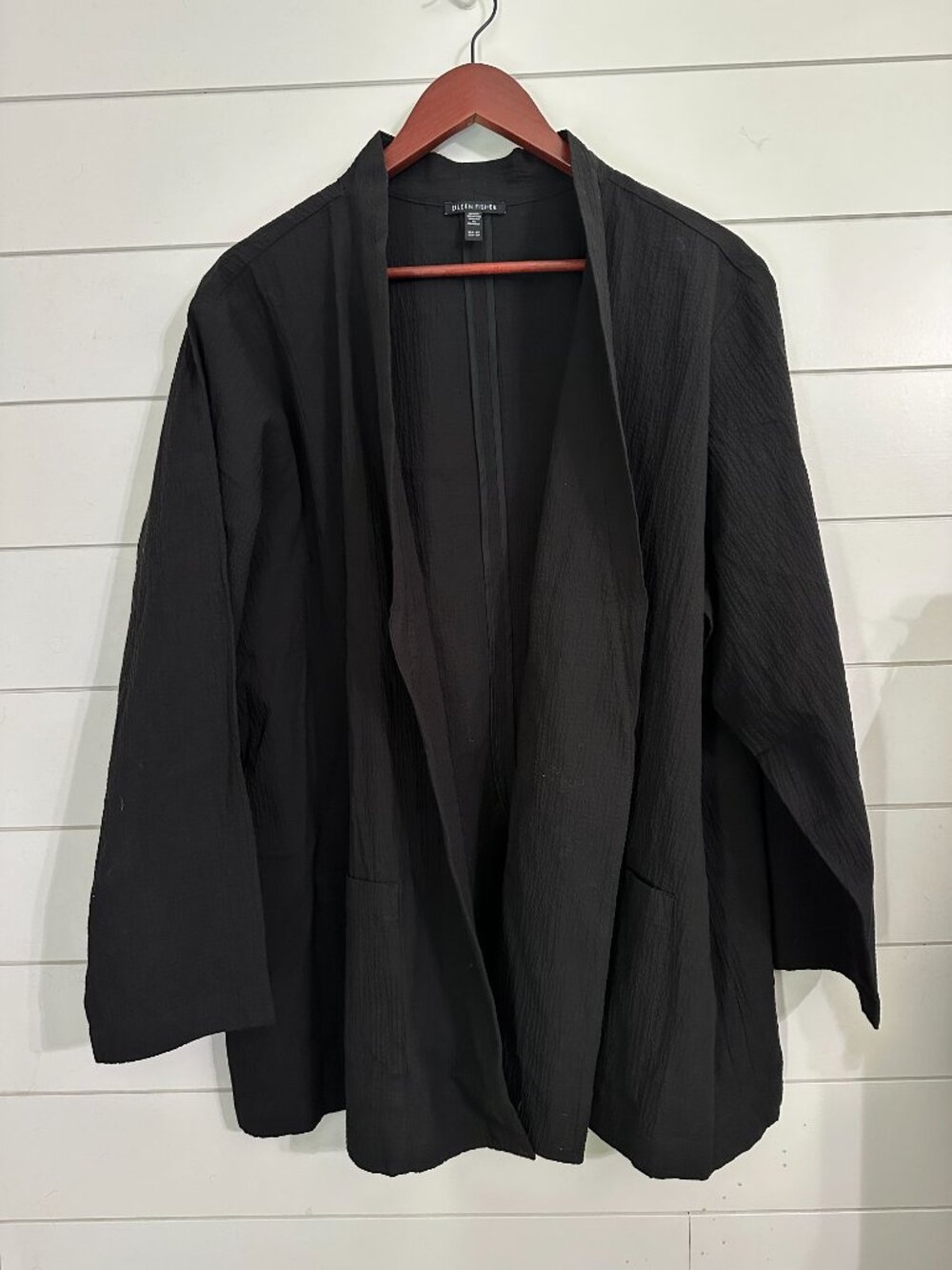 Eileen Fisher Crinkle Open Front Jacket Cardigan 3X Organic Cotton Black - Picture 2 of 5